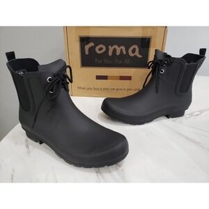 NEW SIZE 10 Ladies Roma Chelsea Lace Up Matte Black Rain‎ Boots Womens Slip On